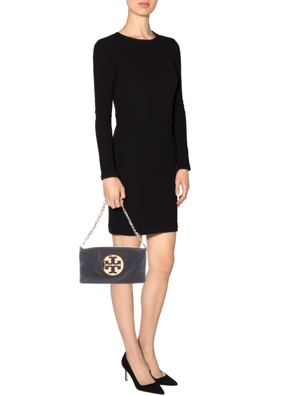 Tory Burch Reva Glazed Navy Blue Leather Clutch with gold chain